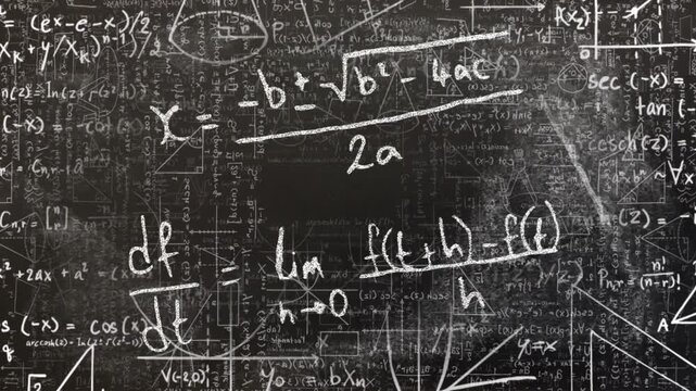 Vertical video: Hand writing quadratic and df or dt on chalkboard, teaching math, eraser smudging