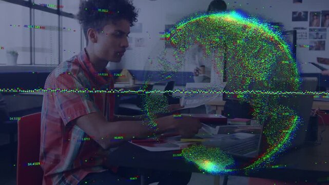 Seated man handling docs, studying while particle globe arising over screen, obscuring, receding