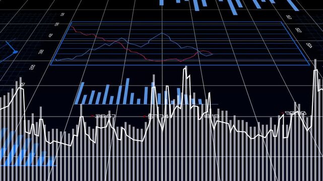 3D tech dashboard receiving data, white line spiking, bars varying, donut expanding for monitoring