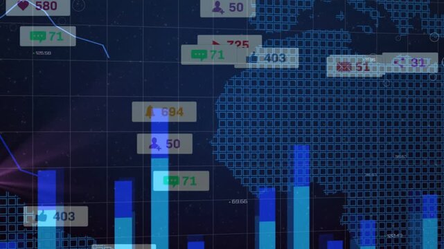 Vertical video: Data view showing bars rising cursor hovering bar causing marketing tags on dot map