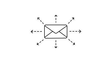 Minimalist black line vector icon illustration of an envelope with dashed arrows pointing outwards, representing email marketing campaigns, mass mailing, newsletter distribution, and outreach. © Choyan