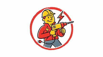 Fototapeta premium Man builder holding electric drill. Construction worker with hard hat. Illustration of manual labor and home repair. Concept of tool improvement and diy service. Repairman character.