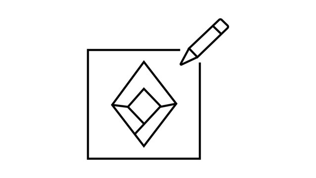 Minimalist black line vector icon of a geometric diamond logo being drawn with a pencil inside a square frame, representing brand identity, graphic design, and creative process on a white background.