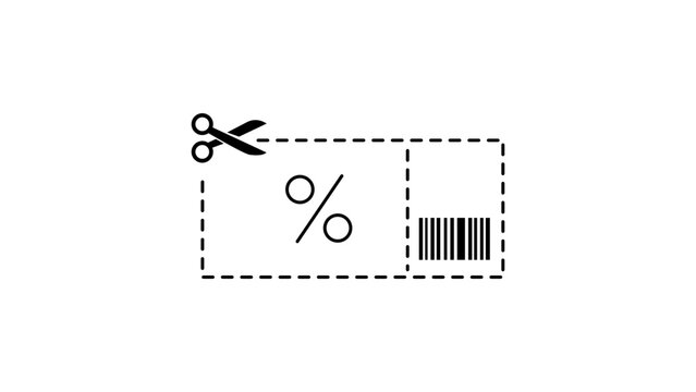 Minimalist black line vector icon illustration of a discount coupon with a percentage sign, barcode, and scissors cutting a dashed line, ideal for e-commerce, retail sales, and marketing campaigns.
