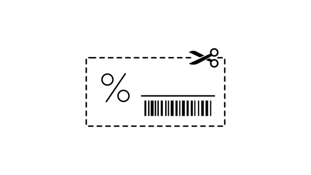 Minimalist black line vector illustration of a rectangular discount coupon featuring a dashed cutting line with scissors, a percent symbol, and a barcode for retail sales and online promotions.