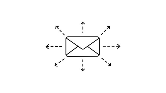 Minimalist black line vector icon illustration of an envelope with dashed arrows pointing outwards, representing email marketing campaigns, mass mailing, newsletter distribution, and outreach.