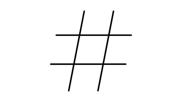 Minimalist black line hashtag vector icon illustration, hand-drawn bold pound sign symbol for social media tagging, trending topics, and digital communication, isolated on a white background.