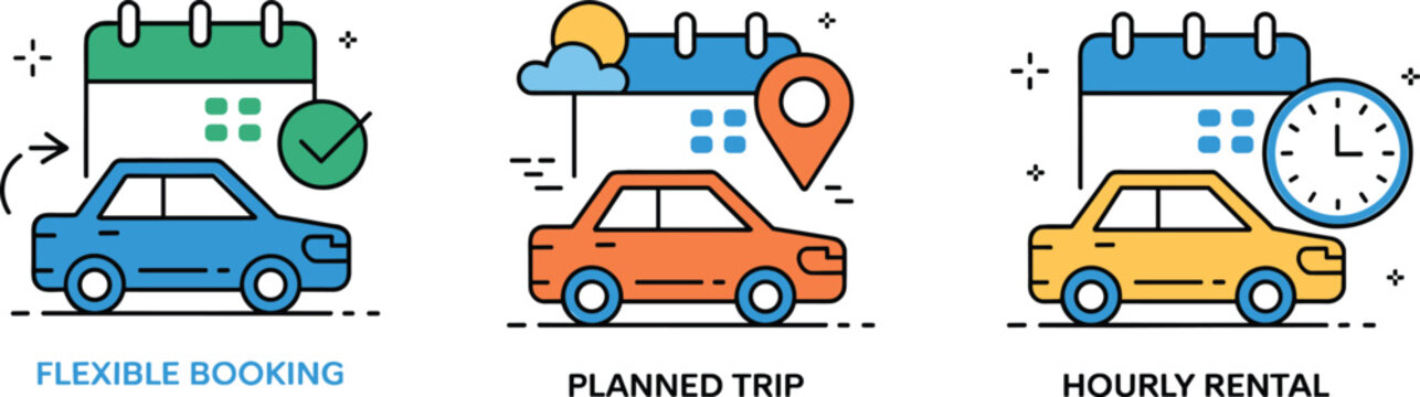 Car rental service icon set for flexible booking planned trip and hourly rental with calendar clock and location pin flat line vector illustration