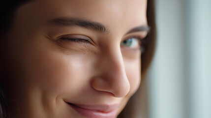 Fototapeta premium Close up of woman winking with smile, symbolizing confidence, positivity and playful expression.