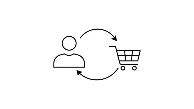 Retargeting and remarketing vector icon illustration featuring a minimalist black line art silhouette of a person and a shopping cart with circular arrows on a white background for e-commerce.
