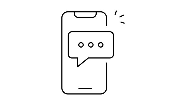 SMS Alert: A minimalist black line vector icon illustration on a white background representing a smartphone with a speech bubble notification, symbolizing mobile communication and texting.