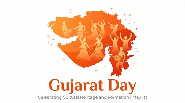 Image is a stylized, vector illustration featuring the outline of the Indian state of Gujarat filled with a gradient of warm orange hues. Within the map, there are silhouettes of people engaged in var