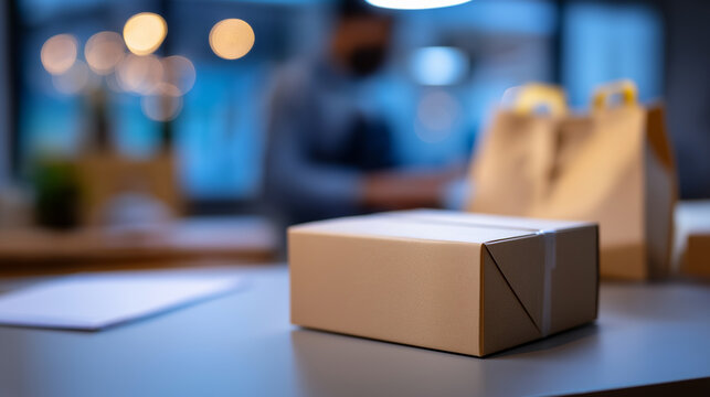 Cardboard package on office desk ready for delivery, symbolizing e commerce, shipping and logistics.