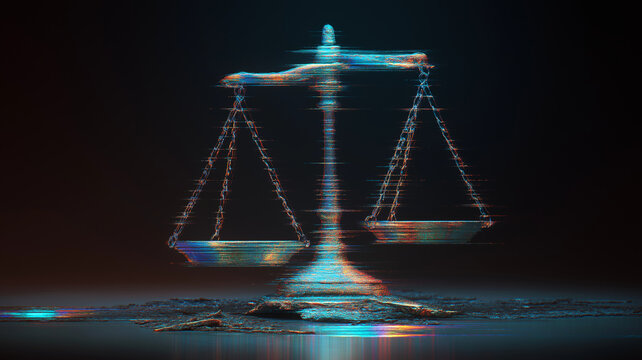 Broken Glitching Holographic Scales of Justice Digital Distortion Futuristic Law Failure Concept Stock Photo