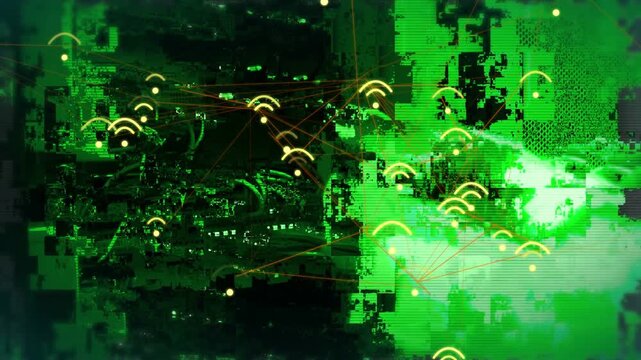 IT tech hand angling device toward rack, activating wireless icons mapping topology, marking cables