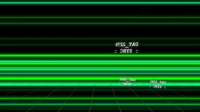 Neon scanlines firing white loops and stacking labels as green band crosses, showing tech data