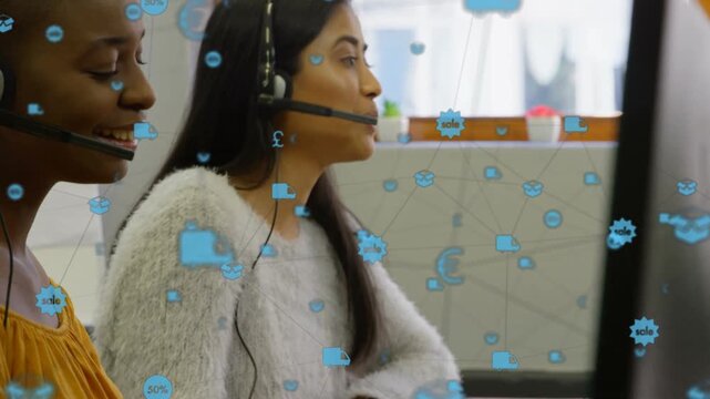 Two call reps taking call, typing talking helping client under blue icons overlaying screens