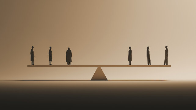 Minimal human balance concept with people standing on scale beam, social equality, justice, fairness, inclusion, diversity, representation and balanced society with copy space