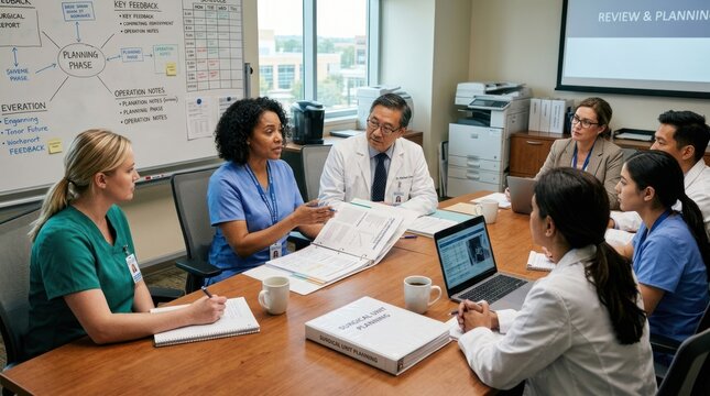 A diverse group of healthcare professionals collaborates around a large wooden table in a bright office.