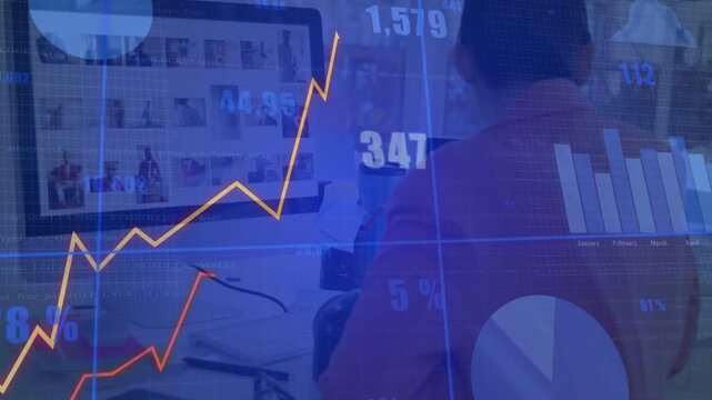 Vertical video: Woman analyst reacting to data spike, operating mouse while finance charts rising