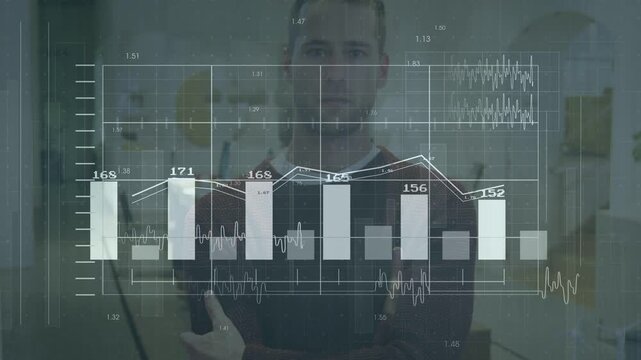 Vertical video: Man raising left hand in lab, starting bar chart overlay updating, showing metrics