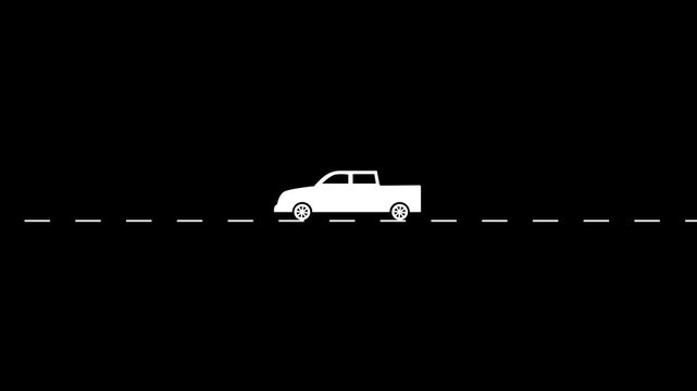 Pickup truck silhouette driving on dashed road. White pickup truck silhouette for transport. Simple pickup truck silhouette for logistics and automotive industries.