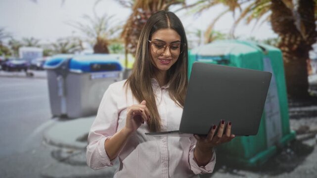 Young woman with glasses holding laptop and tapping screen amid street recycling bins and palm trees in an urban scene; curiosity.