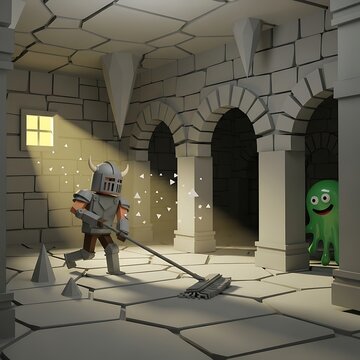 Low-poly rendering of a warrior sweeping a dungeon, with a friendly creature peeking from a dark arch