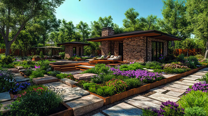 Fototapeta premium Sophisticated Outdoor Oasis: Modern Brick Residence Integrated with Lush Terraced Gardens, Expansive Wooden Deck, Stone Paths, and Vibrant Landscaping Under Clear Sky