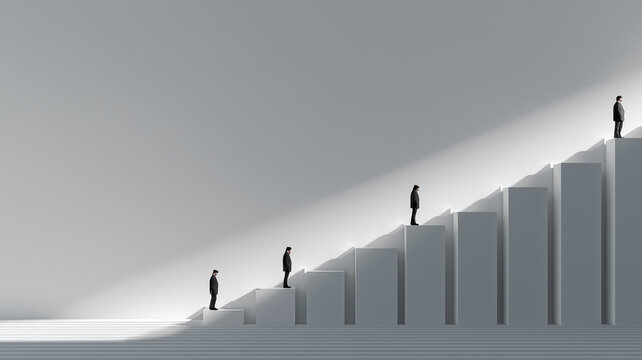 Minimal concept of unequal opportunity with people standing on rising steps, social inequality, career gap, hierarchy, discrimination, privilege and success ladder with copy space