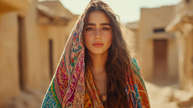 Captivating portrait of beautiful young woman wearing richly patterned, colorful headscarf, standing gracefully in sun-kissed desert town, evoking ancient, timeless beauty.