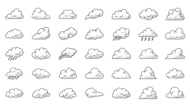 Diverse collection of hand drawn cloud icons in a simple black and white sketch style with various weather conditions and shapes.