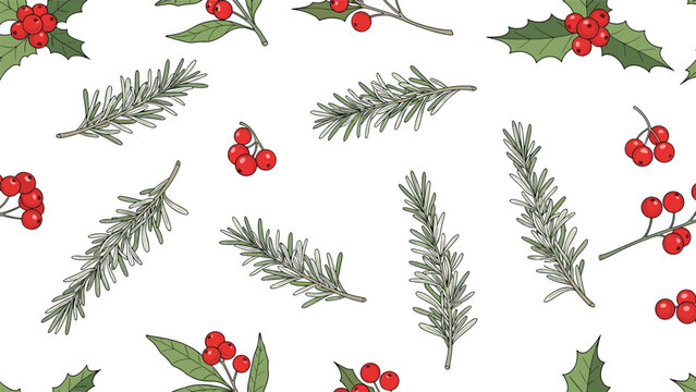 Festive seamless pattern with holly berries and green evergreen sprigs on a white background for Christmas holiday wrap.