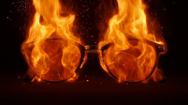 Macro close-up of a pair of eyeglasses engulfed in fierce, consuming fire and intense orange flames isolated on a deep black background. Conceptual symbol of stress, study burnout, and vision loss.