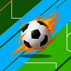Naklejka premium Soccer final graphic: classic black-white ball mid-motion over simplified green pitch, bright blue diagonal stripes, fiery orange accents