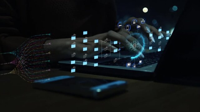 Futuristic AI Document Management System, Digital File Check on Virtual Screen, Paperless Automation Workflow