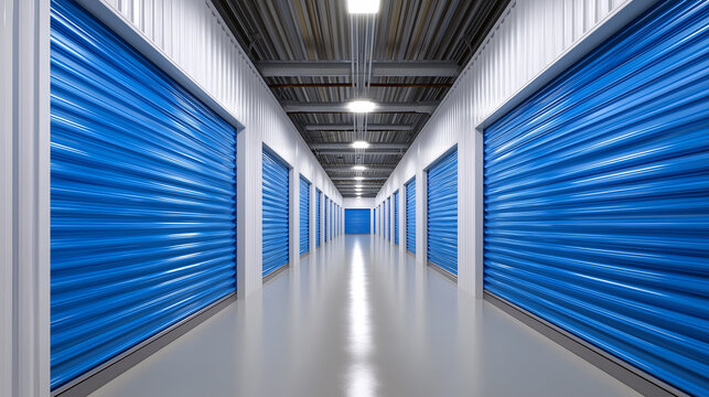 Long corridor of self storage units with blue doors representing warehouse rental and storage services.