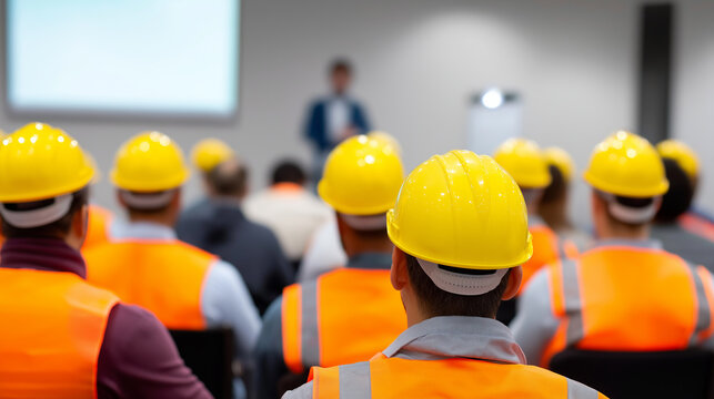 Group of construction workers wearing safety helmets attending training session indoors.