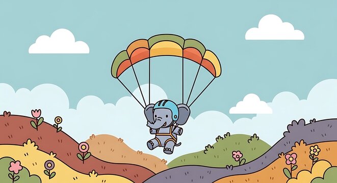 A whimsical cartoon illustration depicts a cheerful elephant parachuting, with vibrant colors over a rolling landscape under a sunny sky