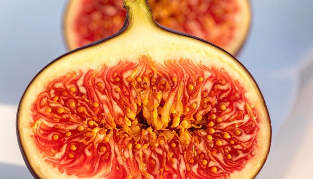 Close-up of ripe fig fruit with vibrant red interior
