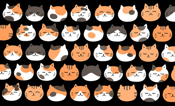 眠る猫のパターン壁紙。猫の種類は三毛猫、ハチワレ猫、茶トラ猫、茶白猫。