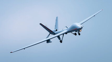 Fototapeta premium Unmanned aerial drone flying in the sky representing surveillance, technology and remote control aviation.