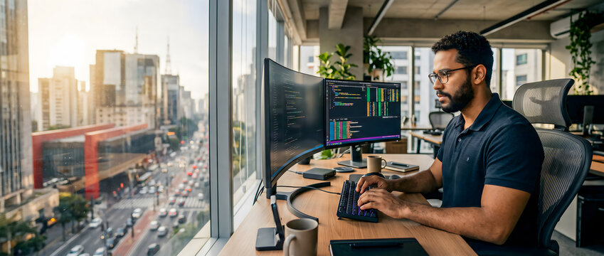 Focused South Asian male software developer writing code on dual curved monitors in a bright, modern high-rise office with panoramic city street views.