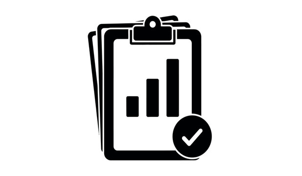 Black and white icon of a clipboard with a chart and checkmark