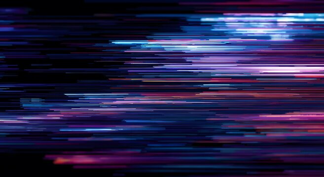 Abstract digital glitch background with horizontal light streaks and neon colors representing data transmission speed fiber optics technology and electronic signal interference in cyberspace