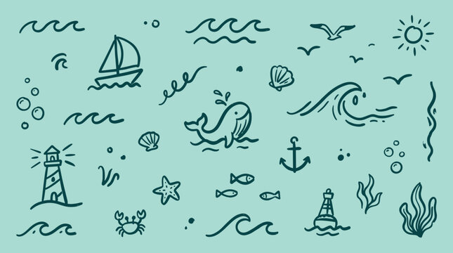 Charming hand drawn nautical icons and symbols featuring a sailboat lighthouse whale crab anchor and waves on a soft blue background