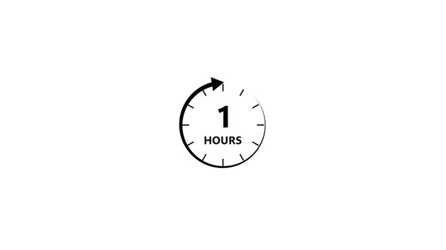 One hour clock icon with arrow on white. One hour clock icon for time tracking. One hour clock icon graphic for deadlines and service duration illustrations.
