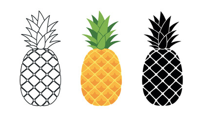 Obraz premium Three pineapple illustrations line art color and inverted black and white
