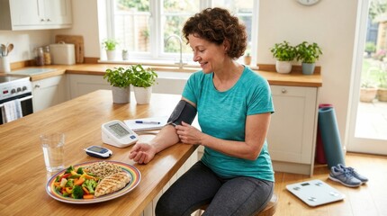 Fototapeta premium A smiling woman in her 50s measures her blood pressure at home. She is wearing a teal t-shirt and gray pants.