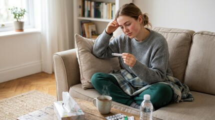 Obraz premium A young woman sits on a sofa, holding a thermometer and looking unwell.